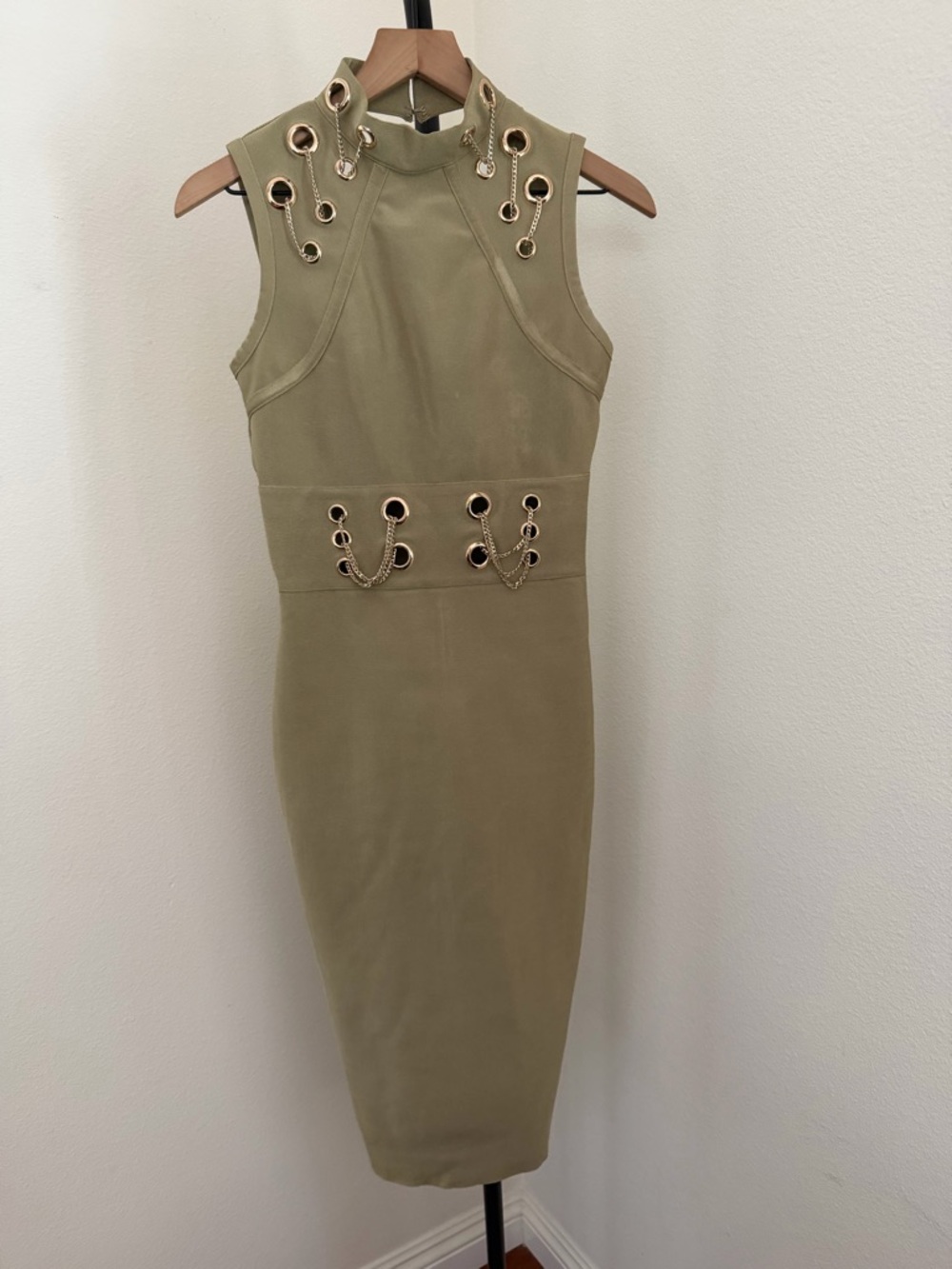 WOW couture Olive Green Sleeveless Midi Dress with Gold Eyelet Accents - Picture 2 of 7